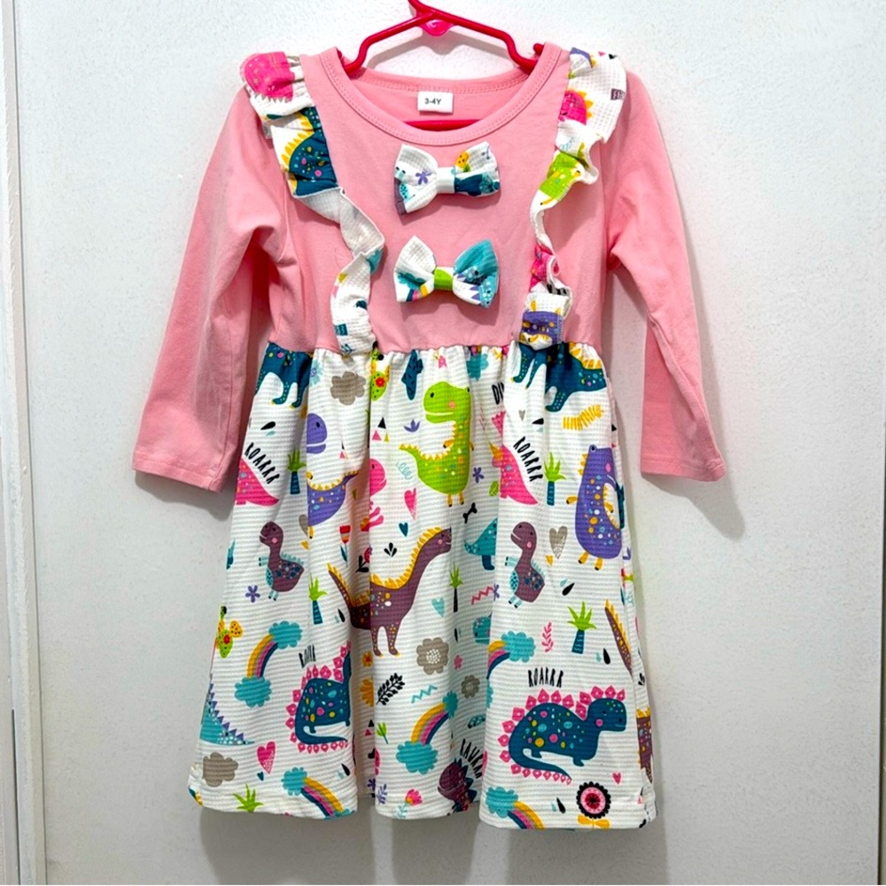 Pink Dinosaur Print Dress with Bow